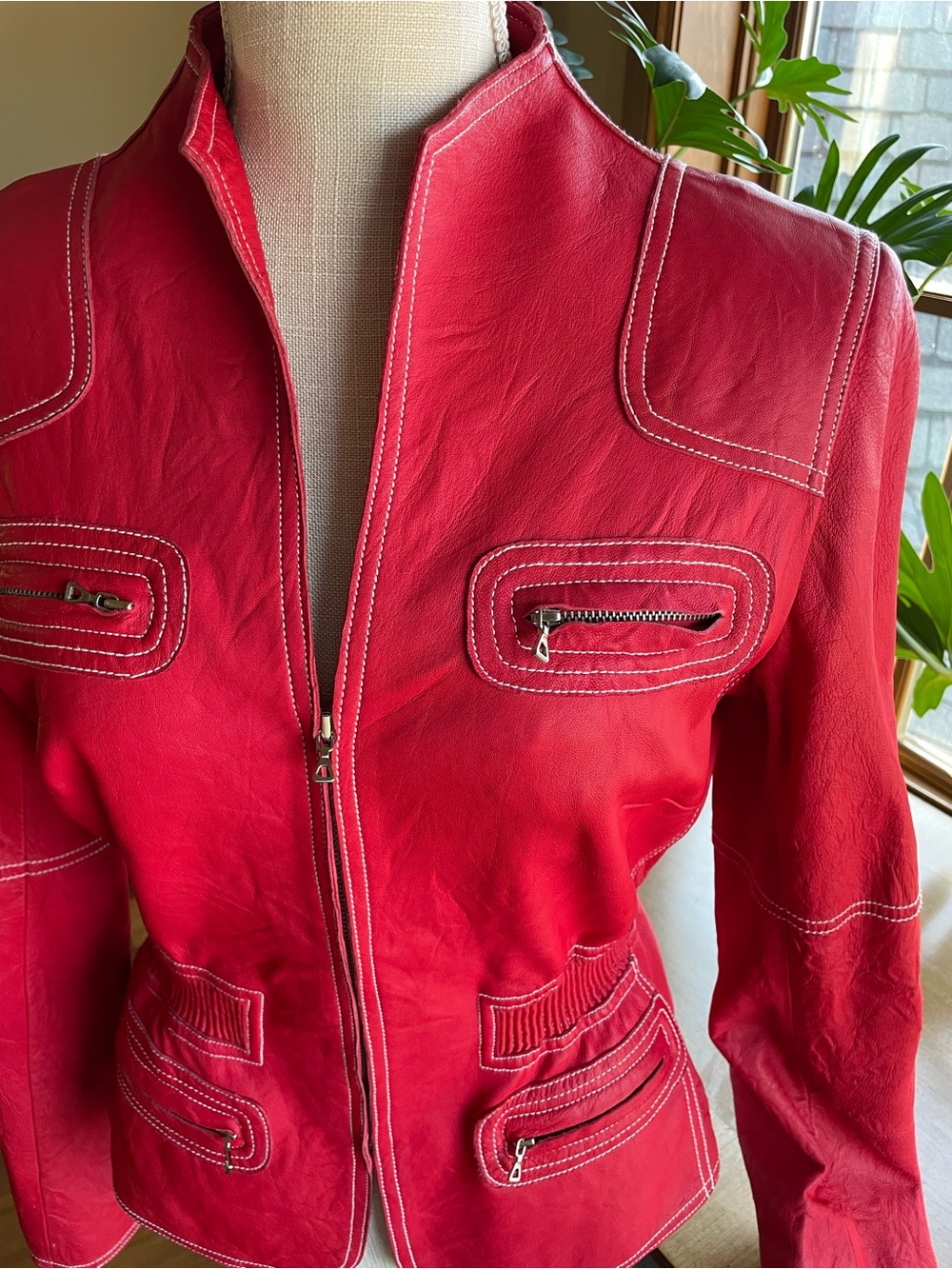 Anne Klein Red Zip-Front Genuine Leather Hour Glass Peplum Jacket size S - Picture 12 of 12